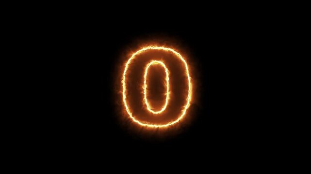 Countdown timer animation with glowing fire numbers on a pitch black background.