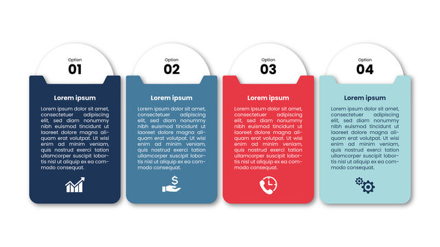 Four vertical color-coded columns for business comparison or process steps with numeric labels, descriptive icons, and placeholder text boxes on a white background.