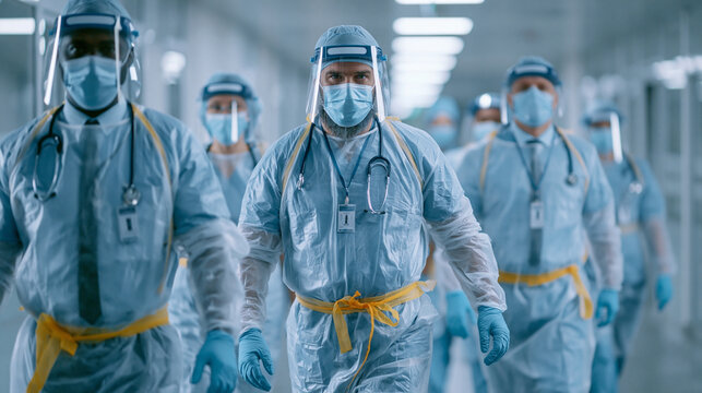 Team of diverse healthcare workers in PPE walking through hospital corridor, frontline medical staff and infection control crisis concept
