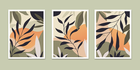 Obraz premium Set of three abstract botanical wall art posters with tropical leaf silhouettes, organic fluid shapes, and minimalist foliage patterns in sage green, orange, and beige earthy tones.