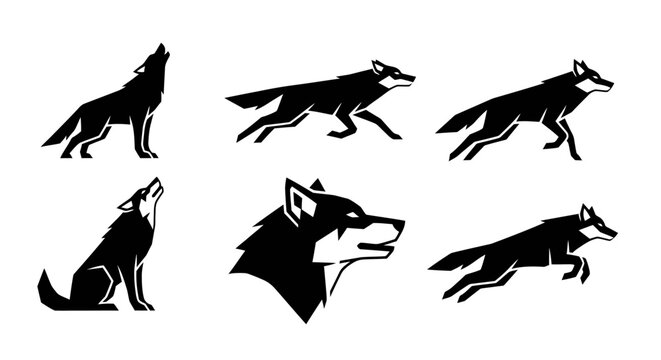 Collection of Six Silhouette Vector Graphics Featuring a Wolf in Various Poses, Including Howling and Running