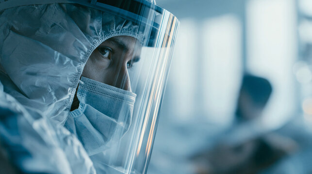 Side profile of doctor wearing full PPE face shield and mask in hospital, serious healthcare protection and infection control concept