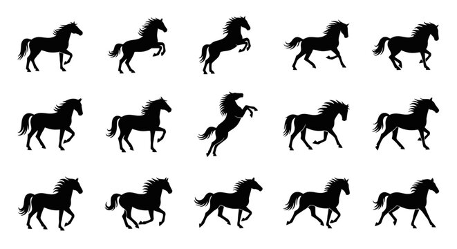 Dynamic horse silhouette collection showcasing various movements and poses, perfect for animation sprite sheets or graphic design projects conveying equine motion concepts and power
