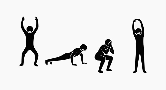 Set of stick figures demonstrating different exercise routines, featuring jumping jacks, push-ups, squats and stretching