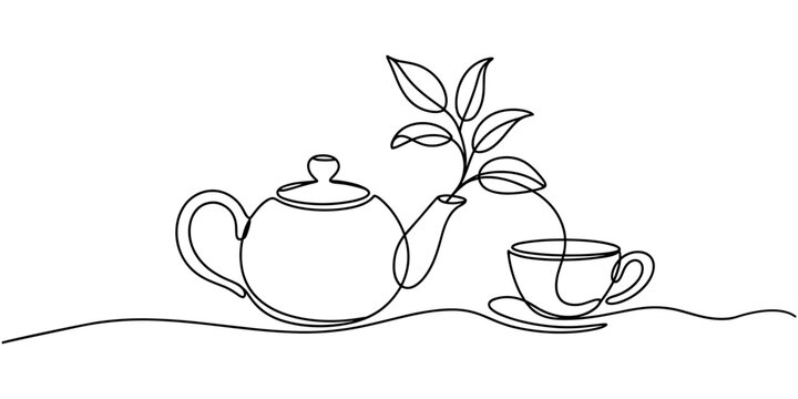 continuous line drawing of tea pot with tea leaves and cup. one line Art icon drawing vector. Teapot and tea cup vector one line continuous drawing illustration. Pouring drink. 