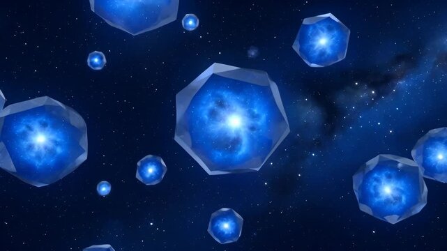 Blue crystal star deep space shimmering cosmic sphere glowing nebula background with floating faceted orb and glowing light in dark sky abstract galaxy scene with star field
