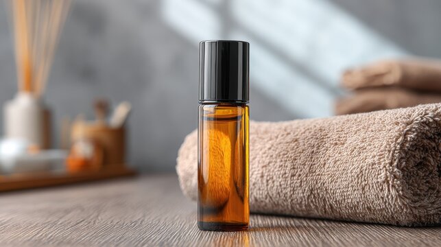 Essential oil roller bottle on a wooden table with a soft towel in a spa setting