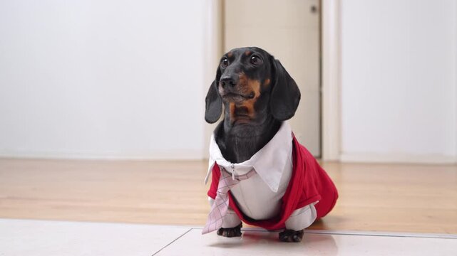 Cute black dachshund dog wearing red business shirt with pink tie standing in bright white hallway at home, waiting for someone, barking cheerfully, jumping and wagging