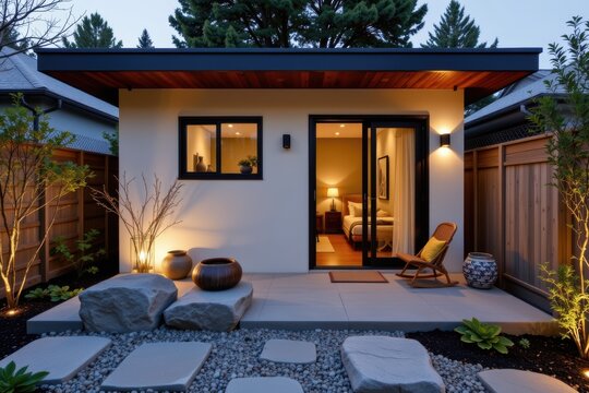 Modern backyard with a small guest house, outdoor seating, and landscaped stone pathway at dusk.