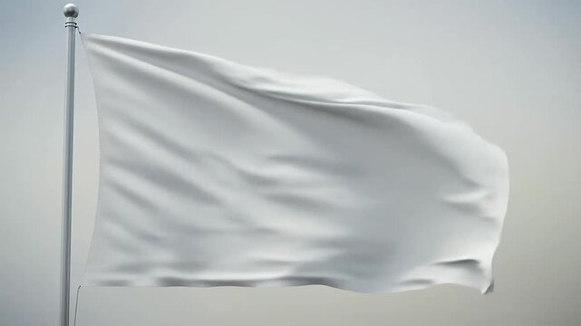 A plain white flag waving gently on a metal pole against a soft sky