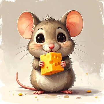 A cute cartoon mouse holding a piece of cheese