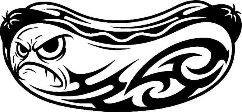 Angry Hot Dog Character with Tribal Patterns
