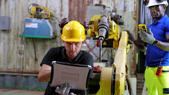 Industrial workers collaborating with robotics factory floor training session urban environment close-up view teamwork concept