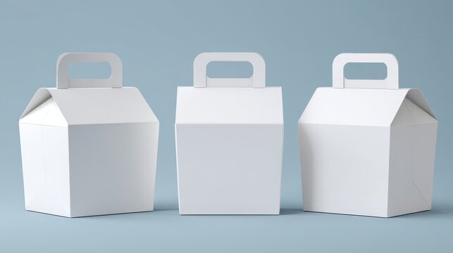 Three white cardboard gable boxes with handles for gift or food packaging