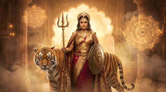 A powerful Hindu goddess, possibly Durga, depicted with a tiger and holding a trident and shield, adorned in regal attire.