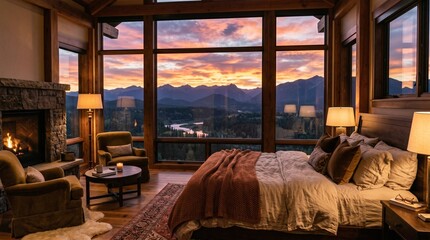 Fototapeta premium Cozy mountain lodge bedroom with warm fireplace and stunning sunset view through large windows