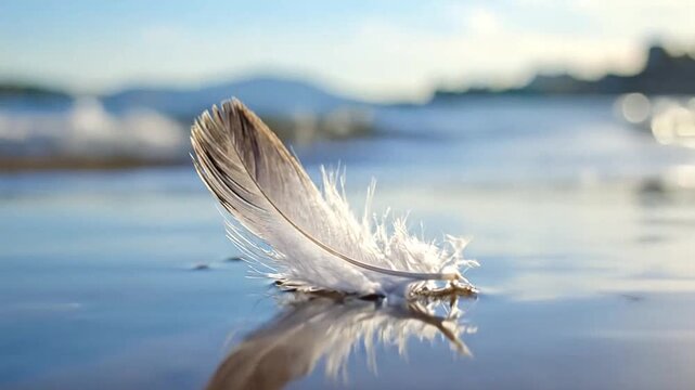 A single delicate bird feather rests on the wet sand near the ocean water