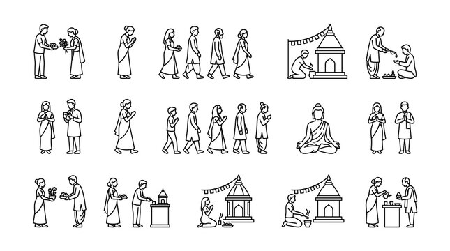 Line art shakti peeth vector set featuring traditional hindu devotees praying, making religious offerings, meditating, and going on spiritual pilgrimage to holy temple shrines.