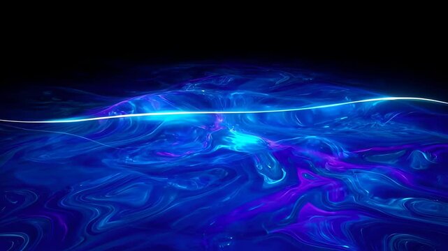 Abstract background with glasses refraction and dispersion in blue and purple light creating fluid wave scene on dark background, calm digital glow