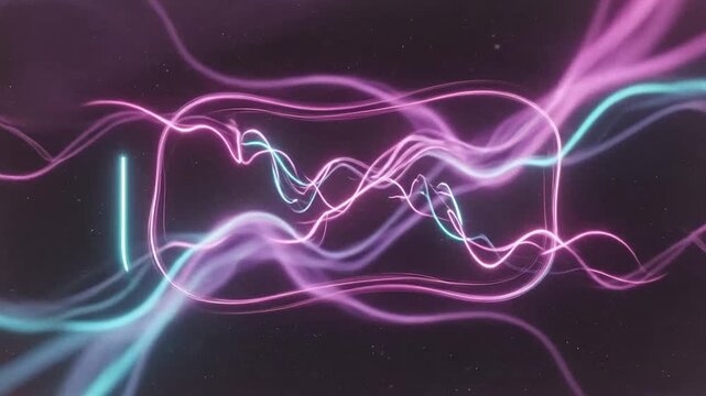 Abstract glowing neon frame with flowing light waves on a dark background