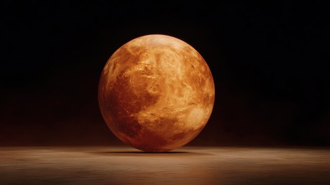 A detailed, illuminated model of the planet Venus resting on a wooden surface against a dark background.