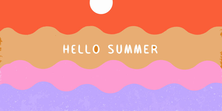 Retro summer illustration with wavy layers and sun