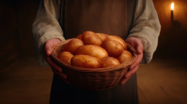 A person holds a woven basket filled with freshly baked golden-brown bread rolls in a warm, dimly lit setting.