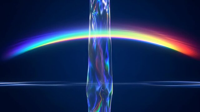 Abstract background with glasses refraction and dispersion creates vivid rainbow arc, luminous light color spectrum over dark blue background