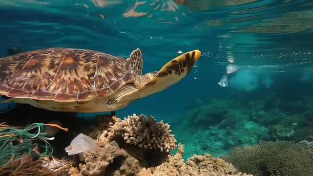Sea turtle swimming through ocean filled with plastic debris, approaching floating waste near coral reef, marine pollution awareness concept, 4K video