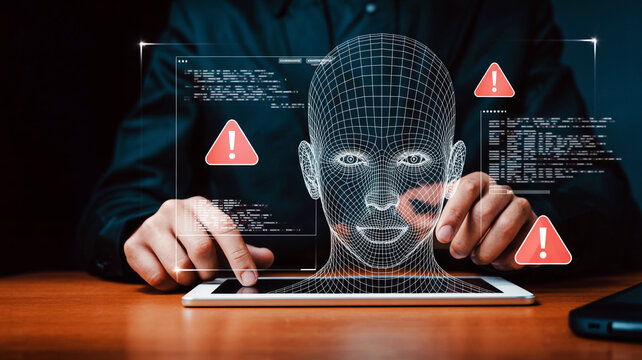 Facial Recognition Security System Overlaid With Digital Network and Warning Symbols