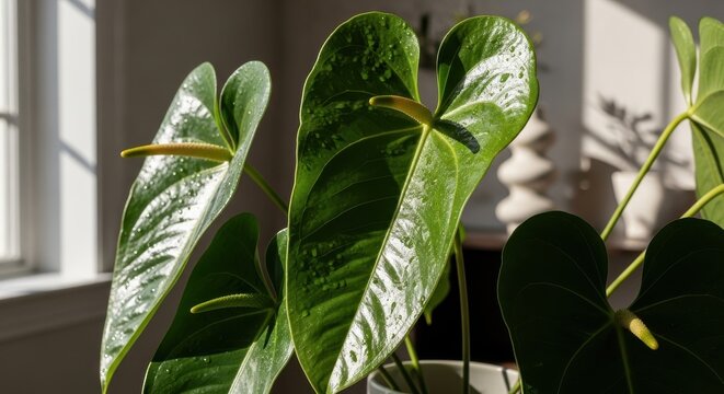 Lush Green Anthurium Leaf with Water Droplets