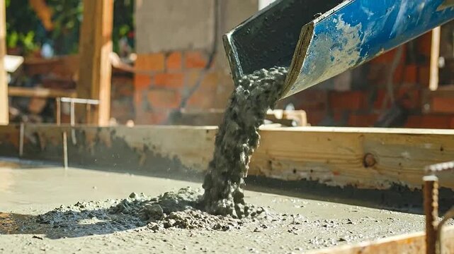 Wet concrete is being poured into a wooden frame at a construction site