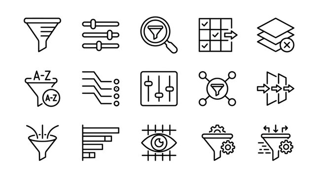 Data Filtering and Analysis Icons Set - Funnel, Magnifying Glass, Settings