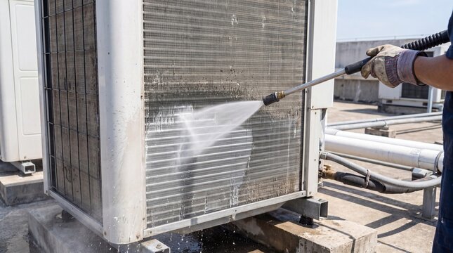 Technician cleaning a commercial air conditioning condenser unit with a high-pressure water sprayer on a building rooftop