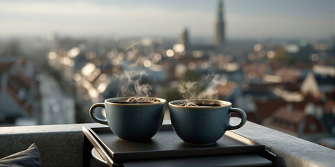 Obraz premium Coffee mugs steaming. Peaceful sunrise moment with hot coffee and foggy city skyline behind