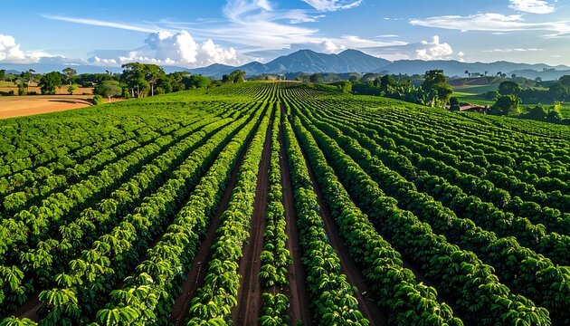 Green crop field with mountain range.