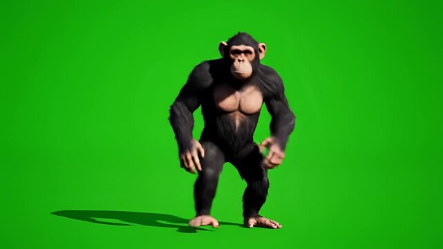 Chimpanzee standing and gesturing on a green screen background.