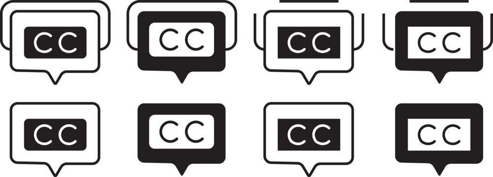 Premium closed caption and subtitle icon set, featuring universal CC symbols for professional communication and web accessibility.