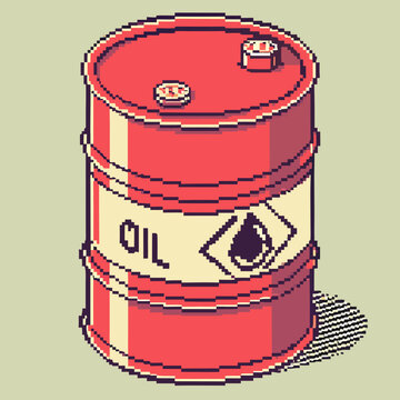 Industrial oil barrel with drop symbol pixel art.