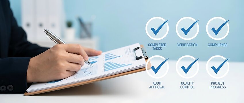 Business person reviewing financial charts and graphs on clipboard with checklist icons demonstrating completed tasks verification compliance audit approval quality control and project progress.