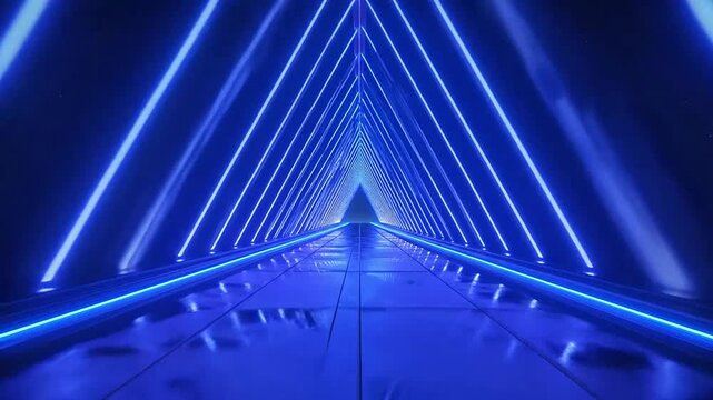 A futuristic corridor with glowing blue triangular neon lights