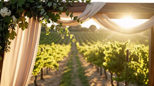 Wedding wood arches beneath vineyard pergola with flowing cream fabric, grape leaves, soft sunset rows, and glowing rural scenery for elegant winery ceremony detail with romantic atmosphere glowWeddin