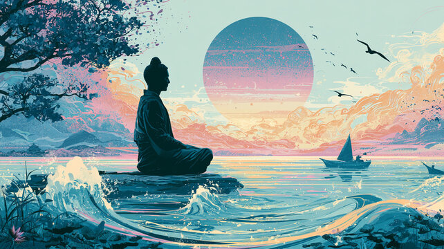  静寂に満ちた風景の中で心を整え座る仏像や人物を描いた癒やしのイラスト、月、山、雲、湖、自然との一体感、瞑想空間、自己対話、心象風景、祈願、余白、安息、夜、マインドフルネス、ヨガ、仏教、精神世界、自然風景、水面、蓮、癒やし、祈り、静かな時間、シルエット、アート、スピリチュアル、心の調和、集中、呼吸、ヒーリング、精神統一、内観、覚醒、安らぎ、静寂、自己啓発、リラクゼーション、背景、広告、挿絵、商用利