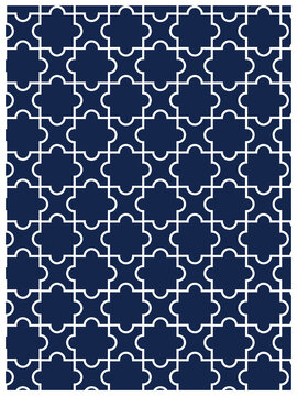 Geometric repeating pattern featuring a navy blue background with white interlocking quatrefoil and floral line art shapes, creating a traditional Moroccan tile or lattice design.