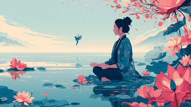 水辺と花々に囲まれた空間で座禅を組む仏像や人物を表現した幻想イラスト、月、山、雲、湖、自然との一体感、瞑想空間、自己対話、心象風景、祈願、余白、安息、夜、マインドフルネス、ヨガ、仏教、精神世界、自然風景、水面、蓮、癒やし、祈り、静かな時間、シルエット、アート、スピリチュアル、心の調和、集中、呼吸、ヒーリング、精神統一、内観、覚醒、安らぎ、静寂、自己啓発、リラクゼーション、背景、広告、挿絵、商用利用