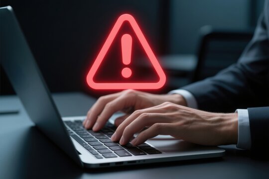 Cyber threat warning symbol hovers over hands typing on laptop highlighting ai data leakage privacy breach protection risk