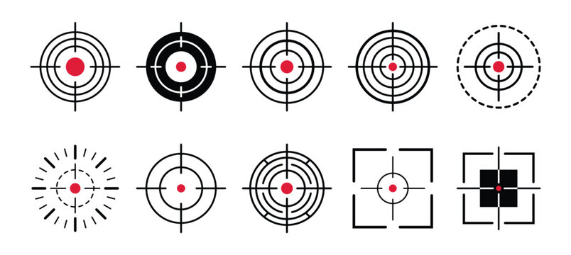 Set of target aim, shooting and crosshair icons set. black and red color with ten target aim icons military set. bullseye target symbols with red dots for focus and accuracy. vector illustration.