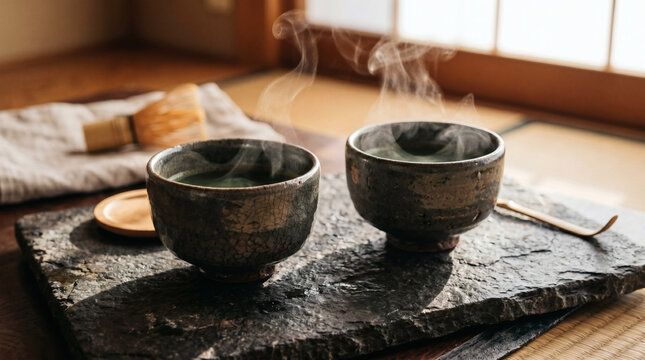 Steaming green tea in rustic ceramic bowls on black slate tray with warm window light and Japanese tea setting