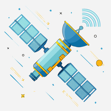 Stylized Satellite in Orbit with Solar Panels and Antenna