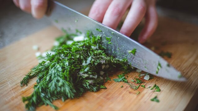 Dark Green Herbs Knife Cutting Board Fresh Herbs Chef Kitchen Rustic Cooking Close Up